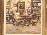 une peinture à l'huile représentant un homme assis à un bureau dans une bibliothèque