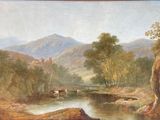 a painting of a river with cattle in it