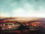un tableau représentant un paysage rural avec une église au loin