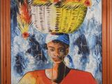 painting of a woman with a basket of chickens on her head
