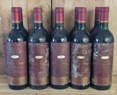 six bottles of red wine are lined up on a wooden shelf