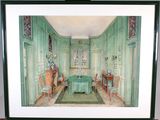 painting of a dining room with a green table and chairs