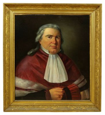 un tableau représentant un homme vêtu d'un manteau rouge à col blanc
