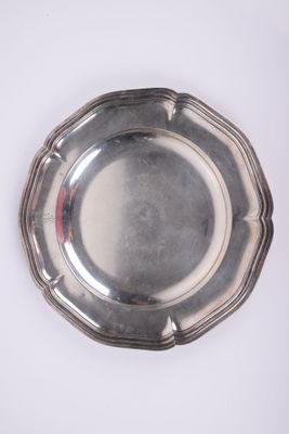 silver plate on a white background with a red stripe around the edge