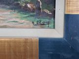 a picture of a painting of a man and a dog in the woods