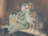 a painting of a boy and a dog sitting on a bench