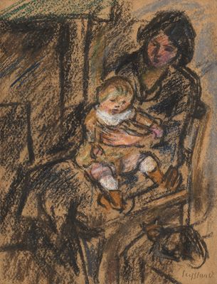 une image représentant un dessin d'une femme tenant un bébé dans une poussette