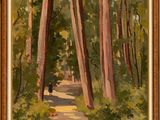 an oil painting of a path in the woods with trees