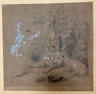 drawing of a man and a woman sitting in a wooded area