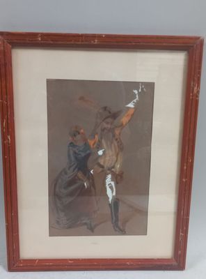 painting of a man and a woman holding a sword in a wooden frame