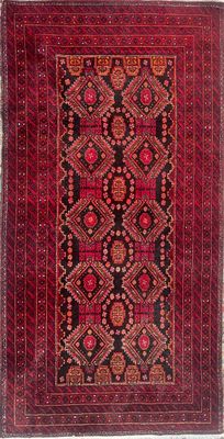 a red and black rug on a white background