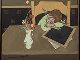 un tableau représentant une femme assise à une table, avec des fleurs dans un vase
