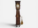 a tall wooden clock with a pendulum on the side of it