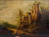 an old painting of a landscape with people and animals in the foreground