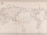 an old map of the world is shown in black and white