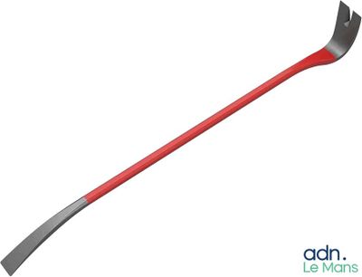 a close up of a red and black axe on a white background