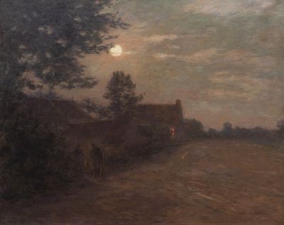 une peinture représentant une calèche tirée par des chevaux sur un chemin de terre