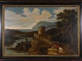 an oil painting of a landscape with a river and a castle