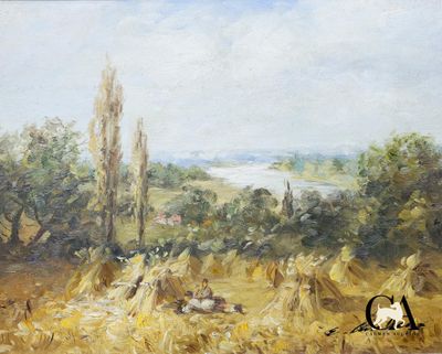 une image représentant un tableau où l'on voit un chat assis dans un champ