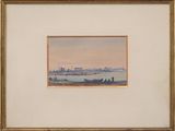 an image of a picture of a painting of a city by the water