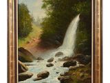 a painting of a waterfall in a forest with rocks and trees
