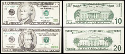 quatre billets de cent dollars différents sur lesquels figure une image de la Maison Blanche