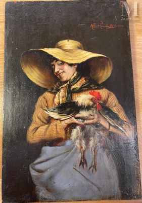 une peinture à l'huile représentant une femme tenant un oiseau et portant un chapeau