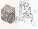 dessins représentant un homme assis sur une chaise à côté d'un bouquet de fleurs