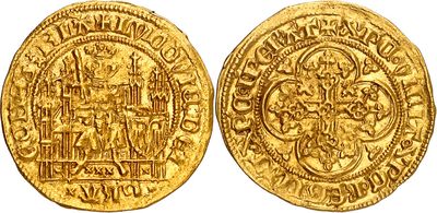 a gold coin with an image of a man and woman on it