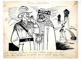 drawing of a man and a woman standing in front of a castle