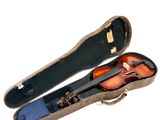 a violin in a case that is open on a white surface