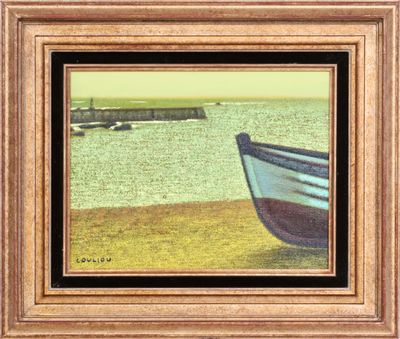 tableau représentant un bateau sur la plage, avec une jetée en arrière-plan