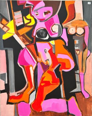 peinture abstraite représentant une femme avec une guitare et un homme avec un chien