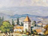 painting of a view of a small town with a church in the distance