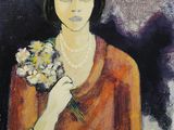 an oil painting of a woman holding a bouquet of flowers