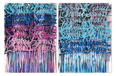 two paintings of blue and pink paint on a white background
