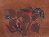 une image représentant un tableau de fleurs sur fond marron