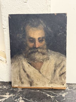 un vieux tableau représentant un homme barbu vêtu d'une robe blanche