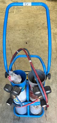 un chariot bleu équipé de deux seaux et d'un tuyau d'arrosage