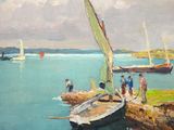 painting of a group of people standing on a dock next to a sailboat
