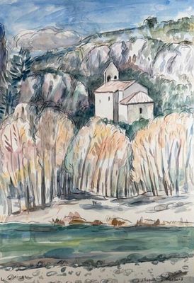 tableau représentant une église au milieu d'une forêt, avec un plan d'eau au premier plan