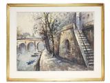 aquarelle encadrée représentant un paysage fluvial avec un pont et un bateau