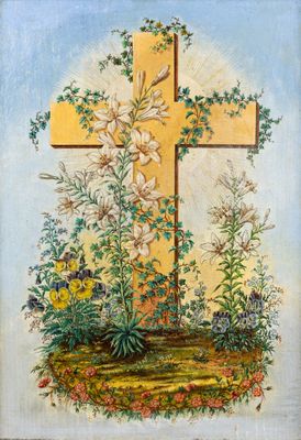 a painting of a cross with flowers and plants in the foreground