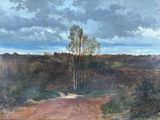 a painting of a dirt road in the middle of a field