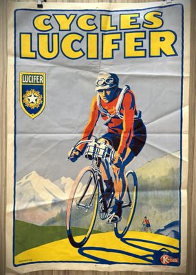 an old poster of a man riding a bicycle on a road
