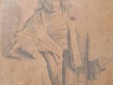 un vieux dessin représentant un homme coiffé d'un chapeau, assis sur une chaise