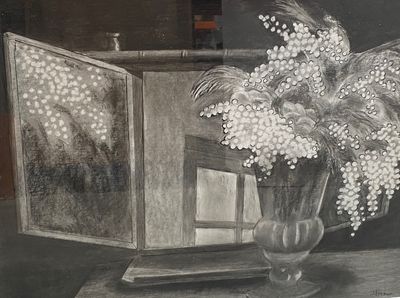 a drawing of a vase of flowers on a table next to a mirror