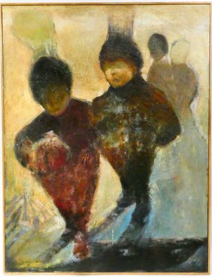 an oil painting of two children in a room with a painting on the wall