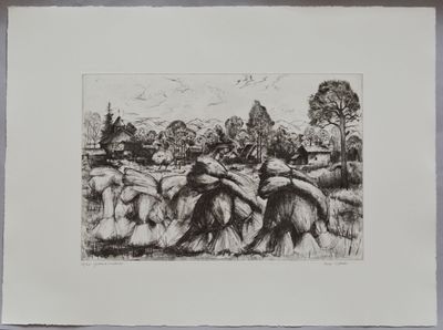 dessin représentant un groupe de personnes à cheval dans un champ