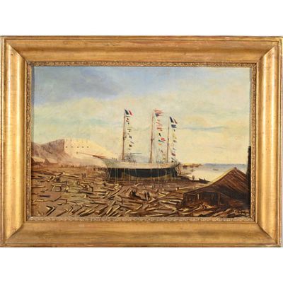 une peinture à l'huile représentant un bateau sur l'eau près d'un quai